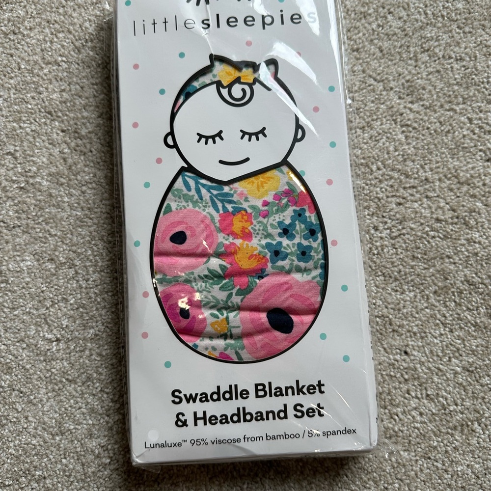 Little Sleepies Secret Garden Swaddle & Luxe Bow Headband Set - NIB